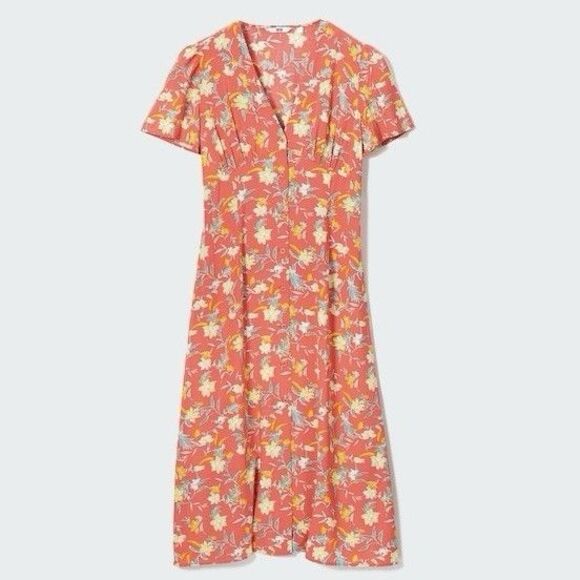 Uniqlo Dress Women XS Red Tropical Floral Midi Shirtdress Button Down Flare Twee - Picture 1 of 9